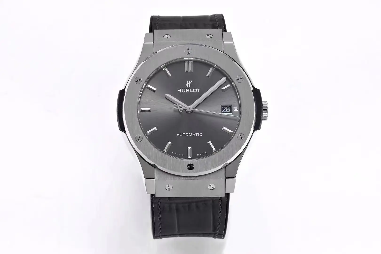 WWF Factory Hublot Classic Fusion Titanium Watch – Grey Dial, 45MM, Polished Brushed Case, Black Strap, Best Replica Watch