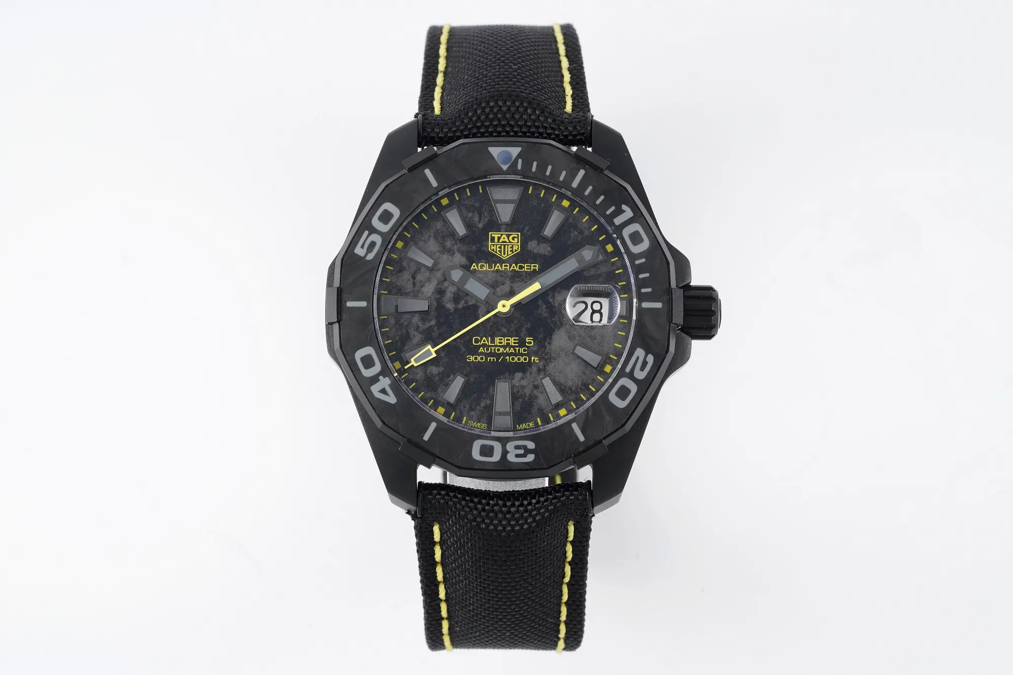 XF Factory TAG Heuer Series Watch – Black Carbon Fiber Dial, Yellow Stitching Strap, Formal & Casual Style, SW200 Movement, Super Clone Replica Edition