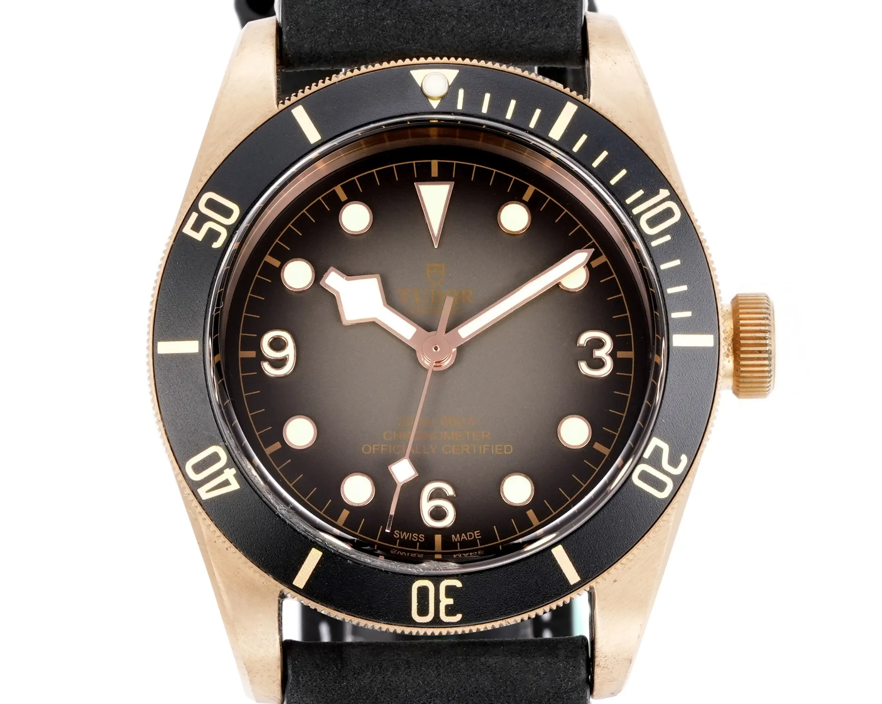 ZF Factory Tudor Black Bay Bronze Automatic Diver’s Watch with Black Dial, Rotating Bezel, and Black Leather Strap