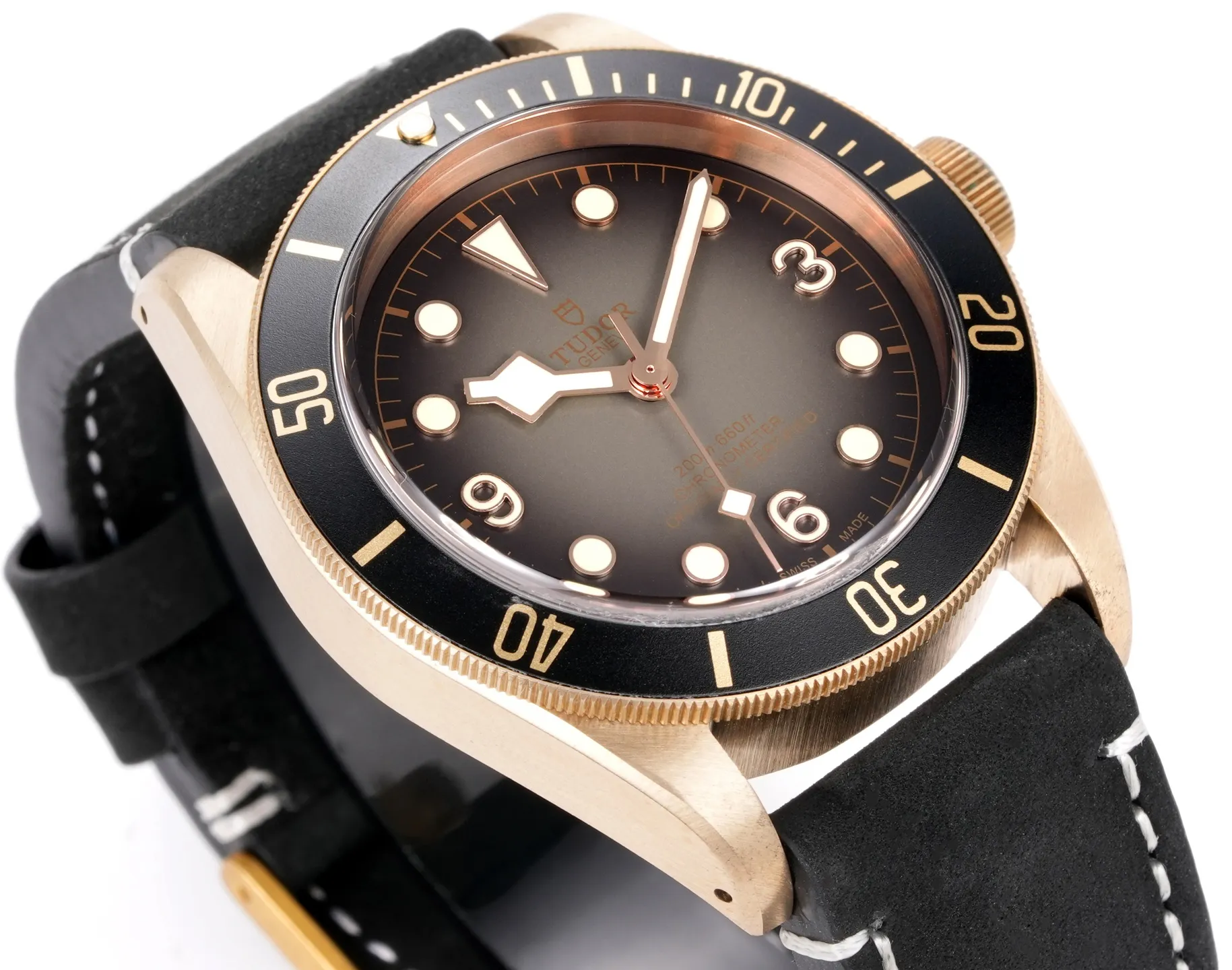 ZF Factory Tudor Black Bay Bronze Automatic Diver’s Watch with Black Dial, Rotating Bezel, and Black Leather Strap - 图片 2