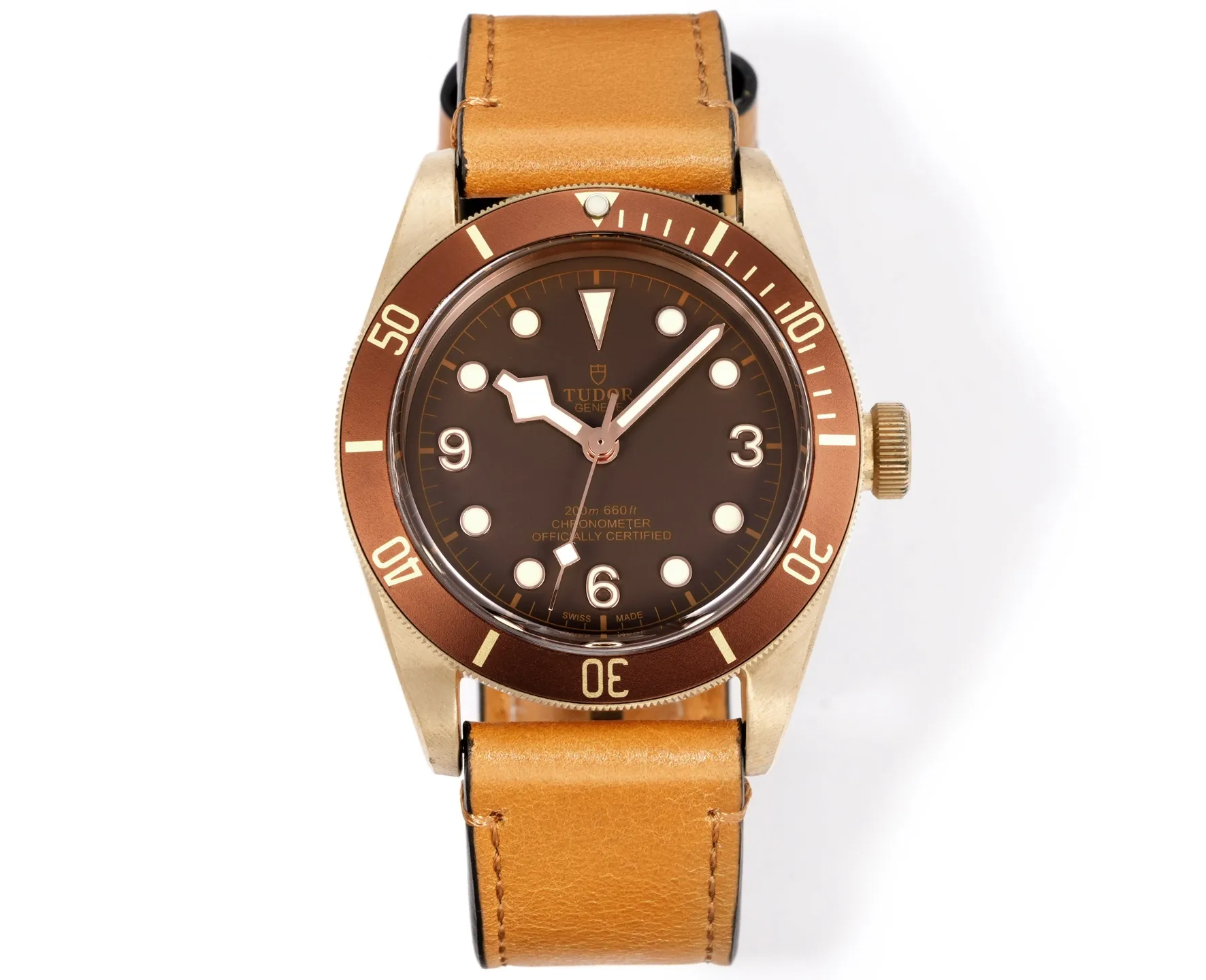 ZF Factory Tudor Black Bay Bronze Automatic Men’s Diver Watch with Brown Dial and Tan Leather Strap
