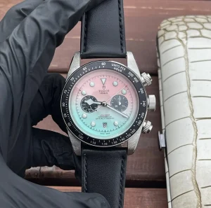 ZF Factory Tudor Black Bay Chrono Gradient Pink-to-Blue Dial Stainless Steel Chronograph Watch with Black Leather Strap