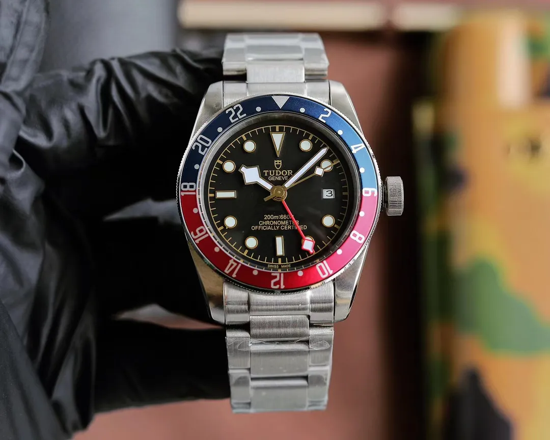 ZF Factory Tudor Black Bay GMT Automatic Men’s Watch with Pepsi Red-Blue Bezel, Black Dial, and Stainless Steel Bracelet